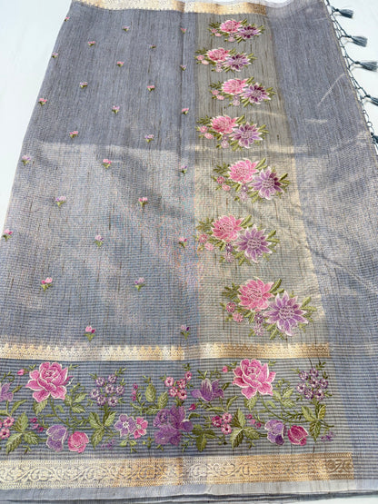 Silver shade tissue linen designer embroidery Banarasi saree