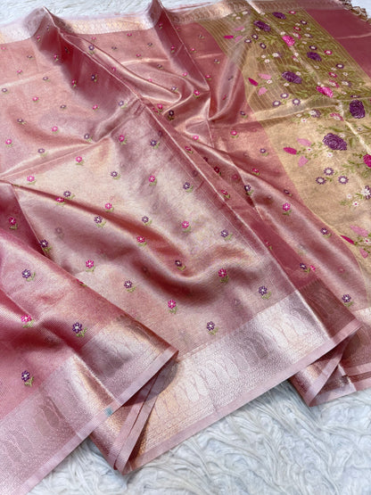 Peach shade tissue kota embroidery primum Banarasi saree