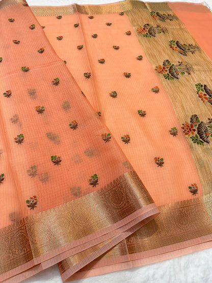 Peach shade cotton kota embroidery Banarasi saree