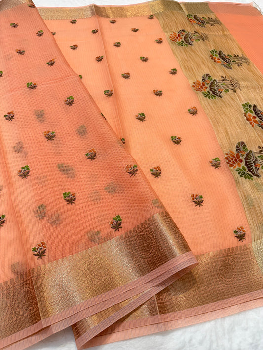 Peach shade cotton kota embroidery Banarasi saree