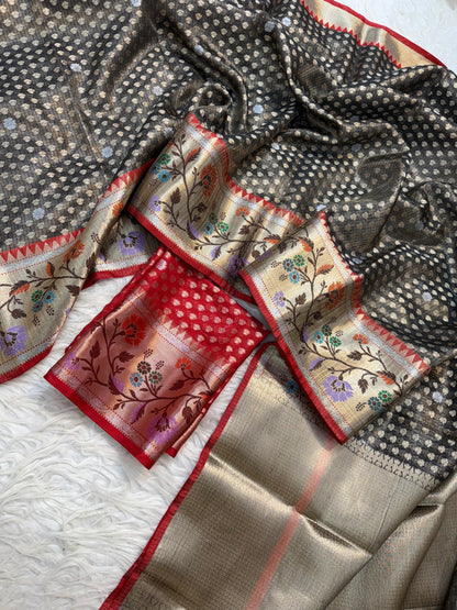 Black & red shade tissue kota premium paithani border banarasi saree