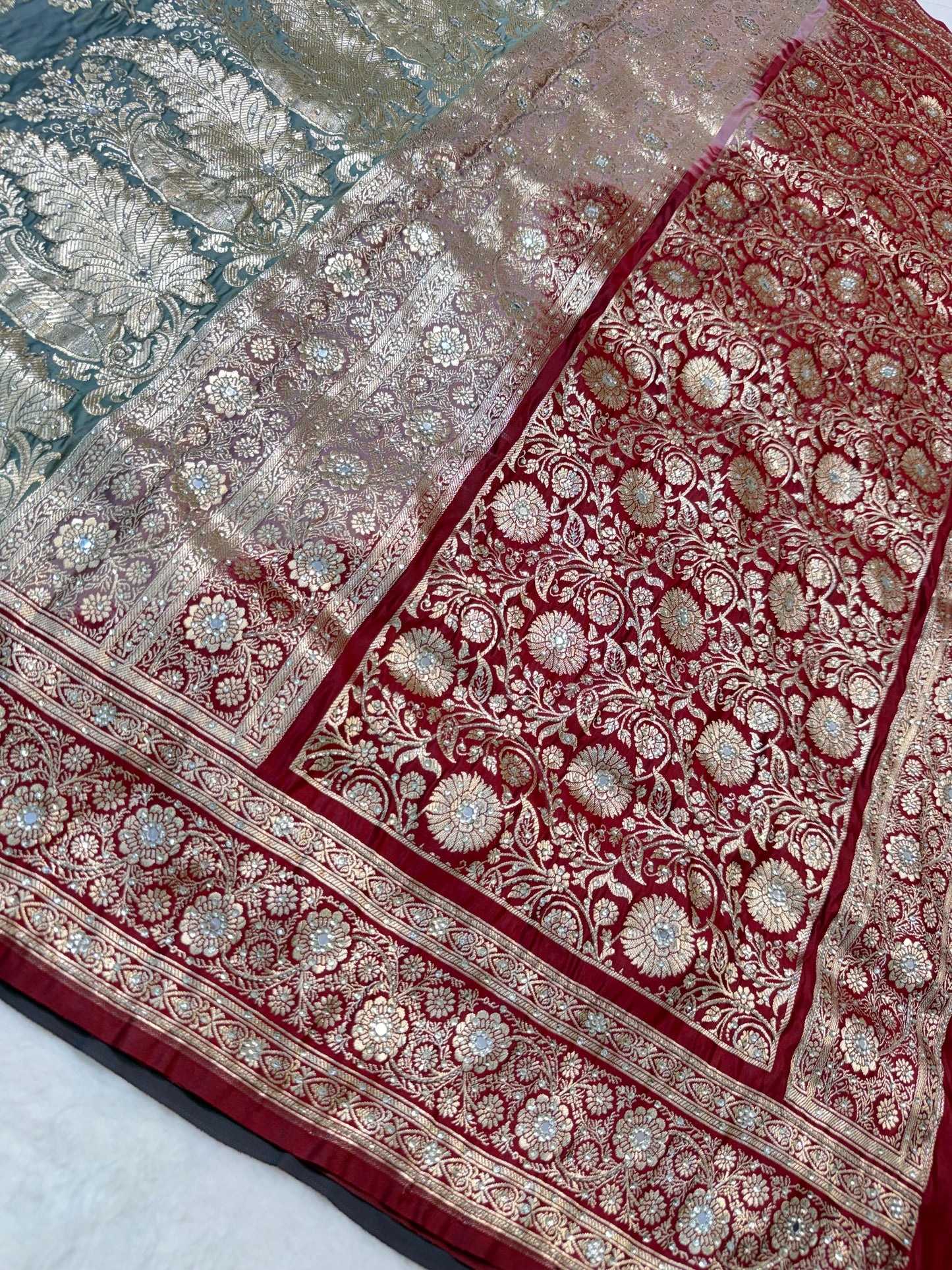 Gray maroon shade Bridal Satan katan ari & stone work Banarasi silk Saree
