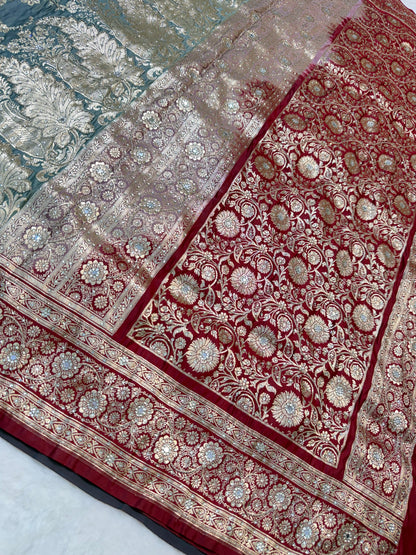 Gray maroon shade Bridal Satan katan ari & stone work Banarasi silk Saree