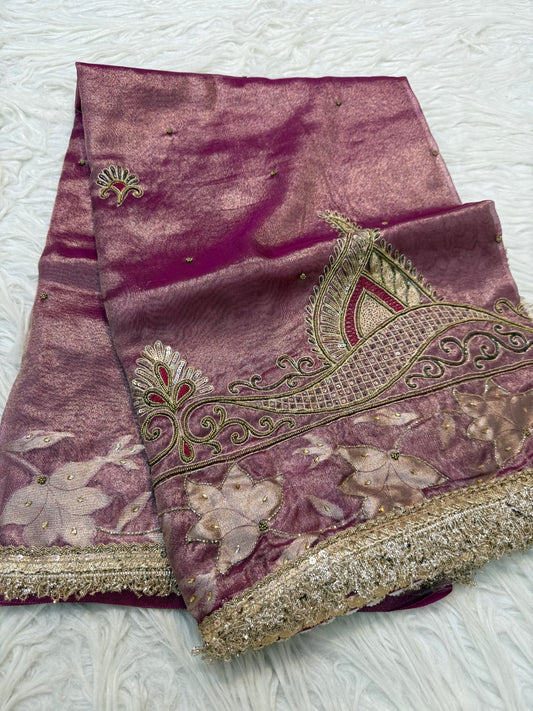 Royal pink shade tissue ari & zardosi work designer premium Banarasi saree