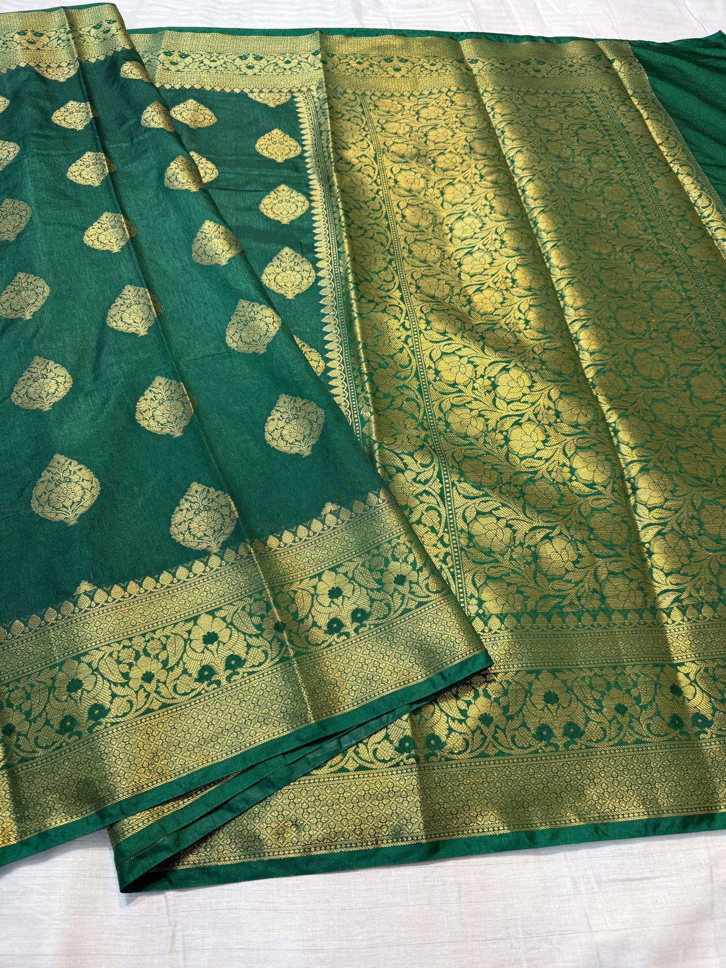Bottle green  shade  Dupion Silk premium Banarasi Saree