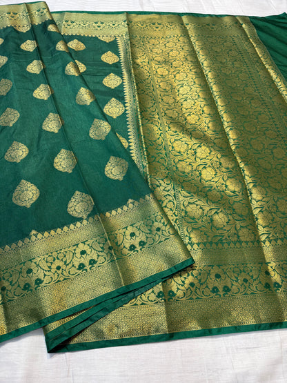 Bottle green  shade  Dupion Silk premium Banarasi Saree