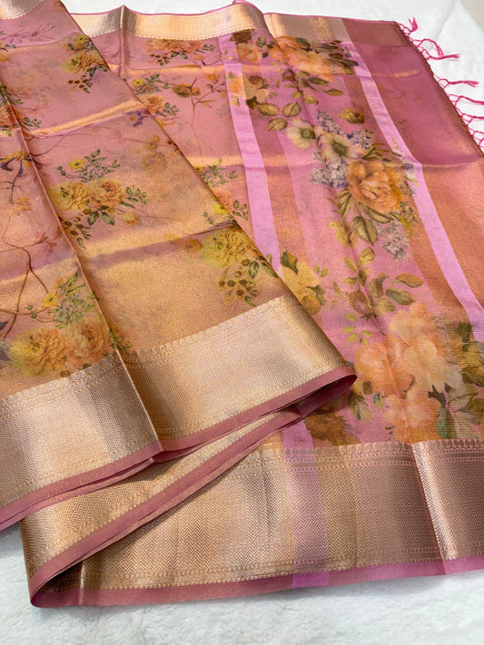 multicolour tissue silk digital print handwork premium Banarasi saree
