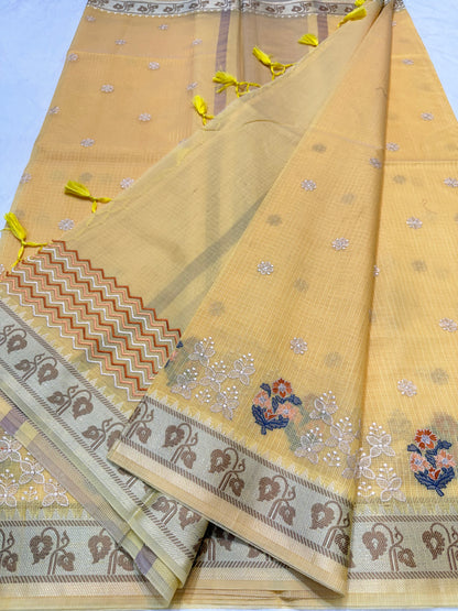 Yellow shade kota designer embroidery Banarasi saree