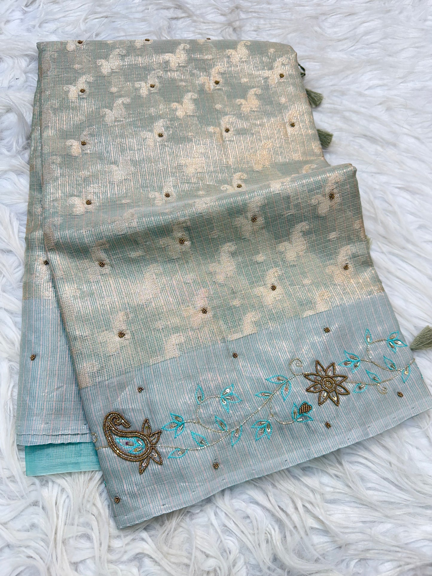 Sea green shade tissue kota designer handwork premium Banarasi saree