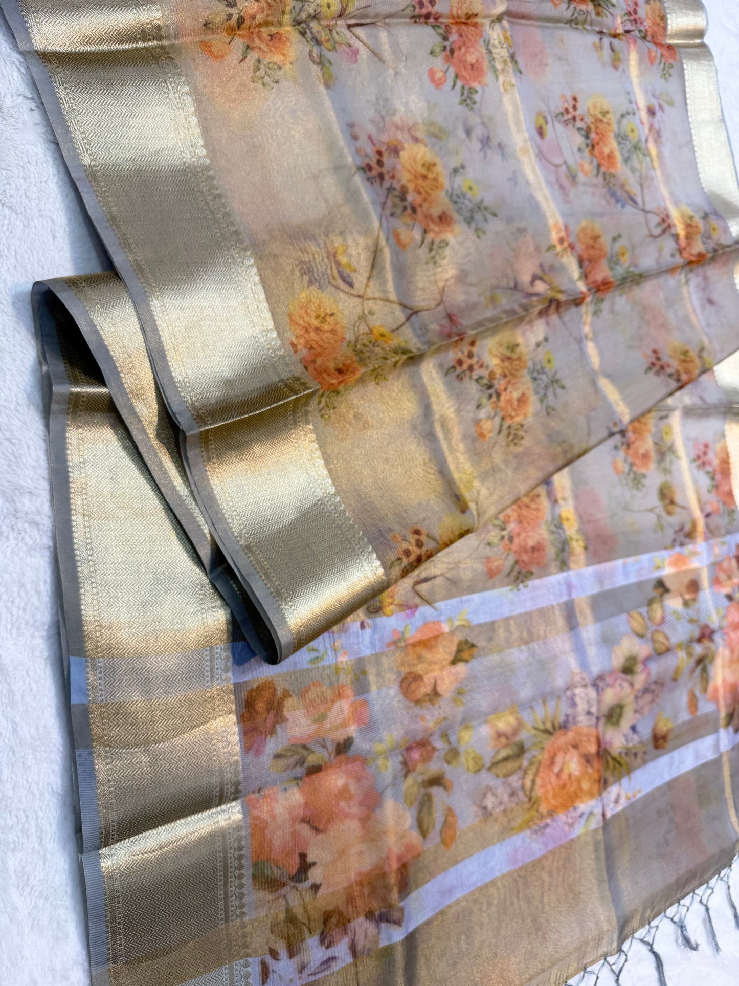 multicolour tissue silk digital print handwork premium Banarasi saree