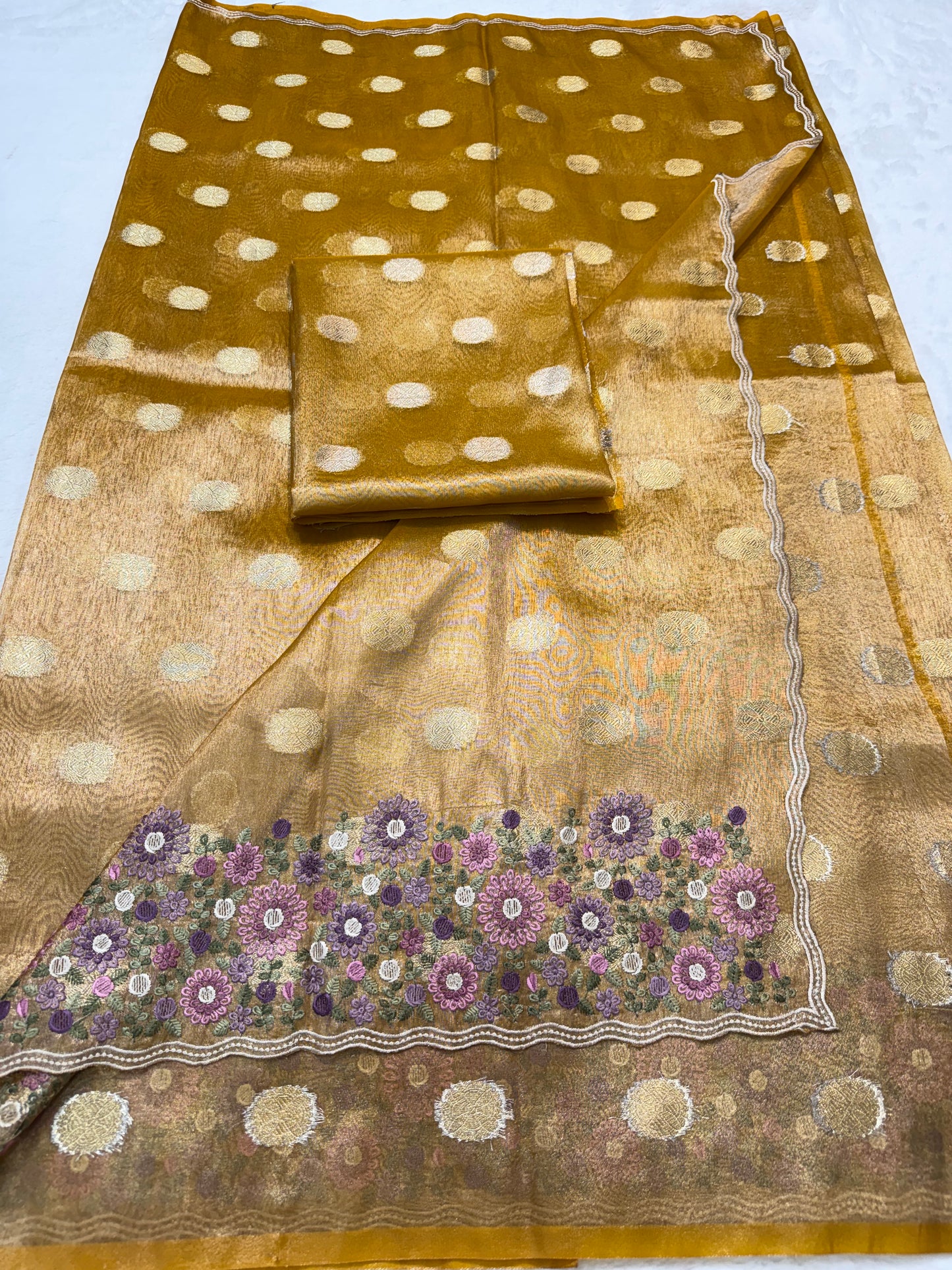 Gold shade tissue cutwork embroidery premium designer Banarasi saree