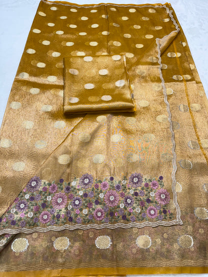 Gold shade tissue cutwork embroidery premium designer Banarasi saree