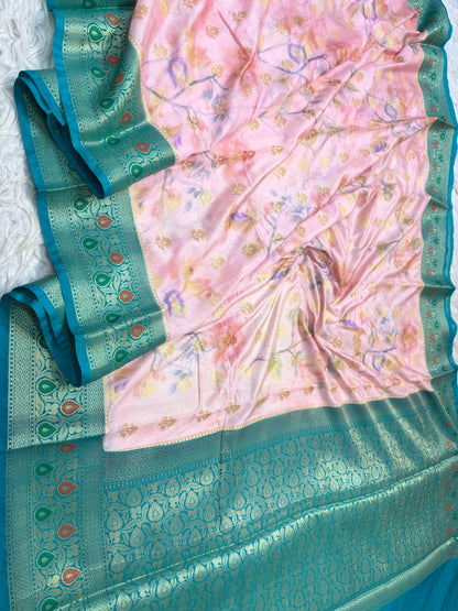 Peach & multicolour Dupion silk digital print Banarasi saree
