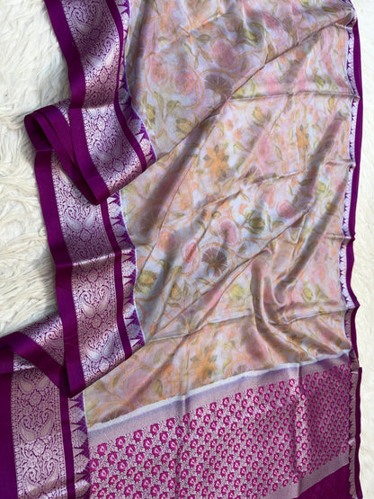 Multi colore warm silk digital print Banarasi saree