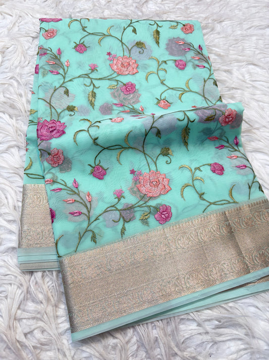 Turquoise shade organza embroidery Banarasi saree