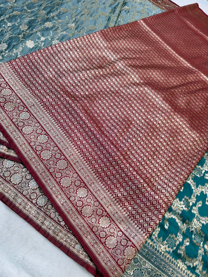 Gray maroon shade Bridal Satan katan ari & stone work Banarasi silk Saree