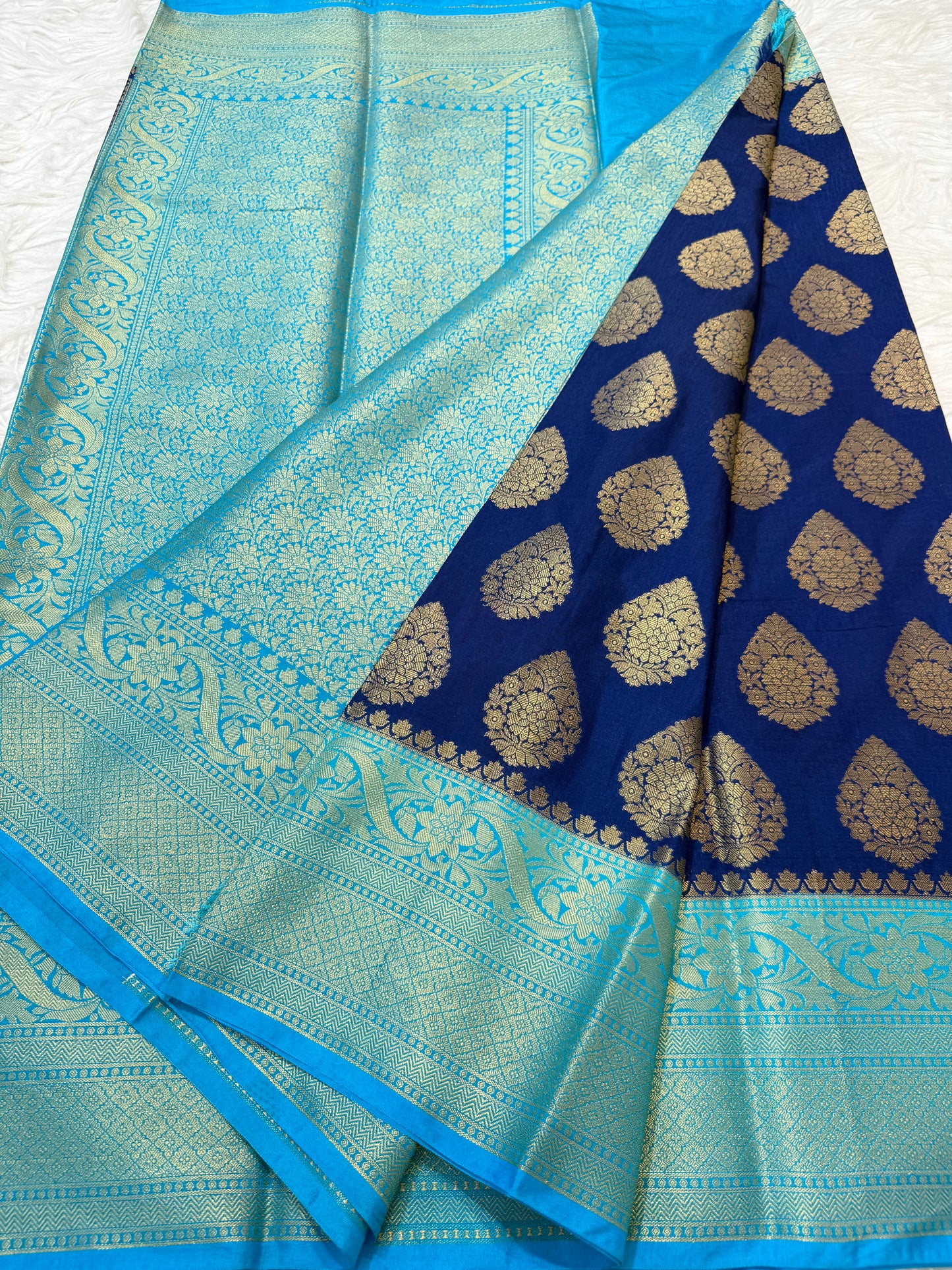 Royal blue & sea green shade Dupion Silk Banarasi Saree 
