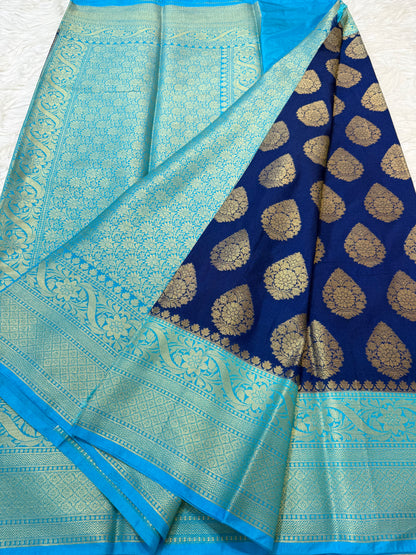 Royal blue & sea green shade Dupion Silk Banarasi Saree 