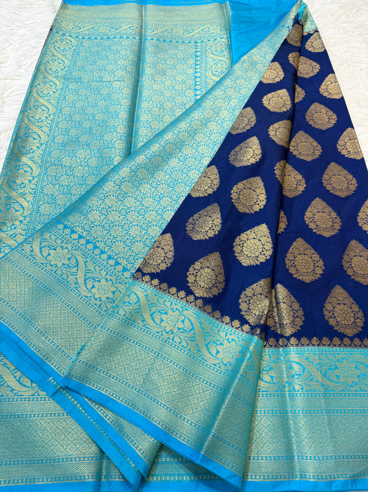 Royal blue & sea green shade Dupion Silk Banarasi Saree 