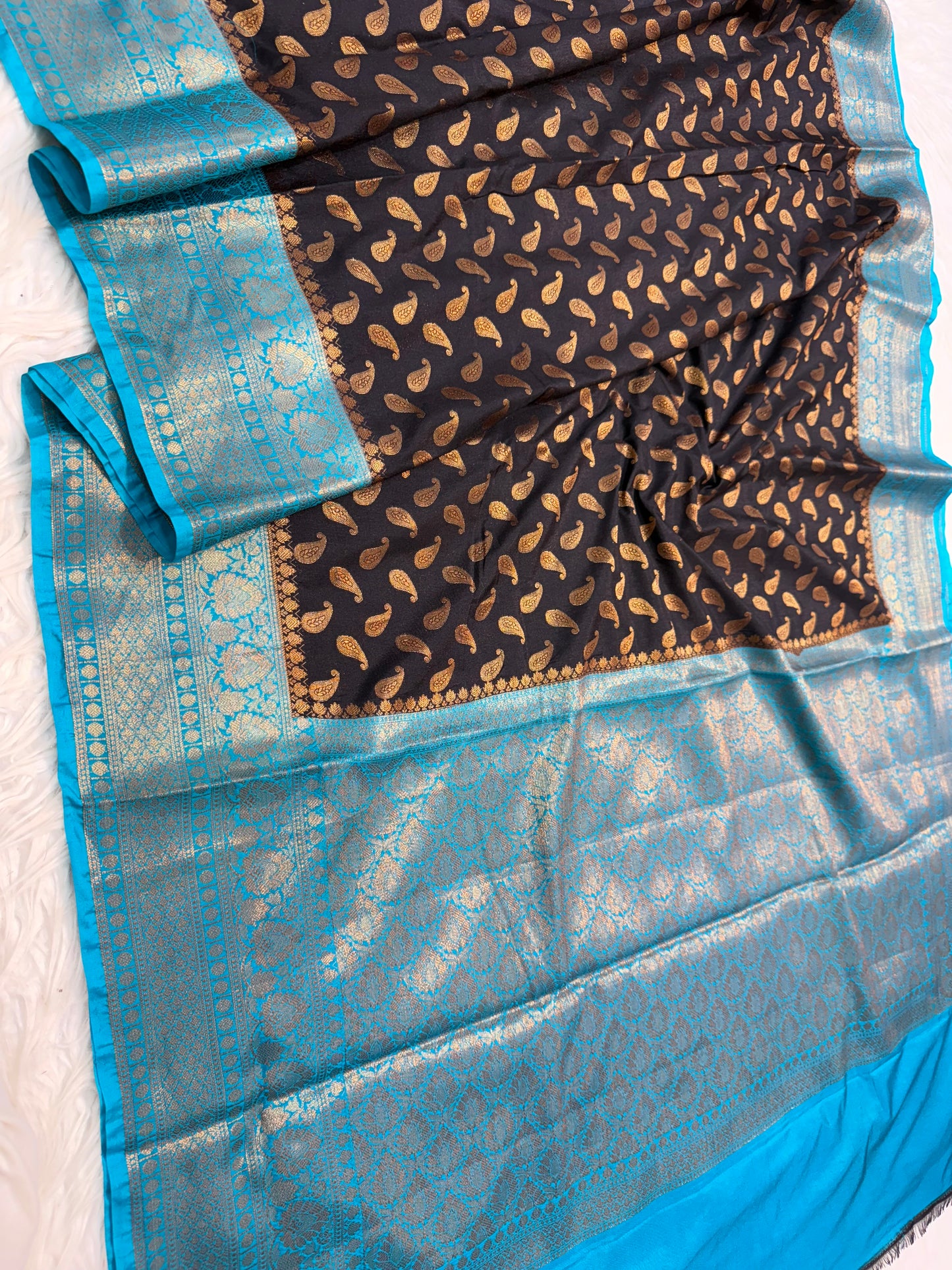 Black & powder blue shade Dupion Silk Banarasi Saree 