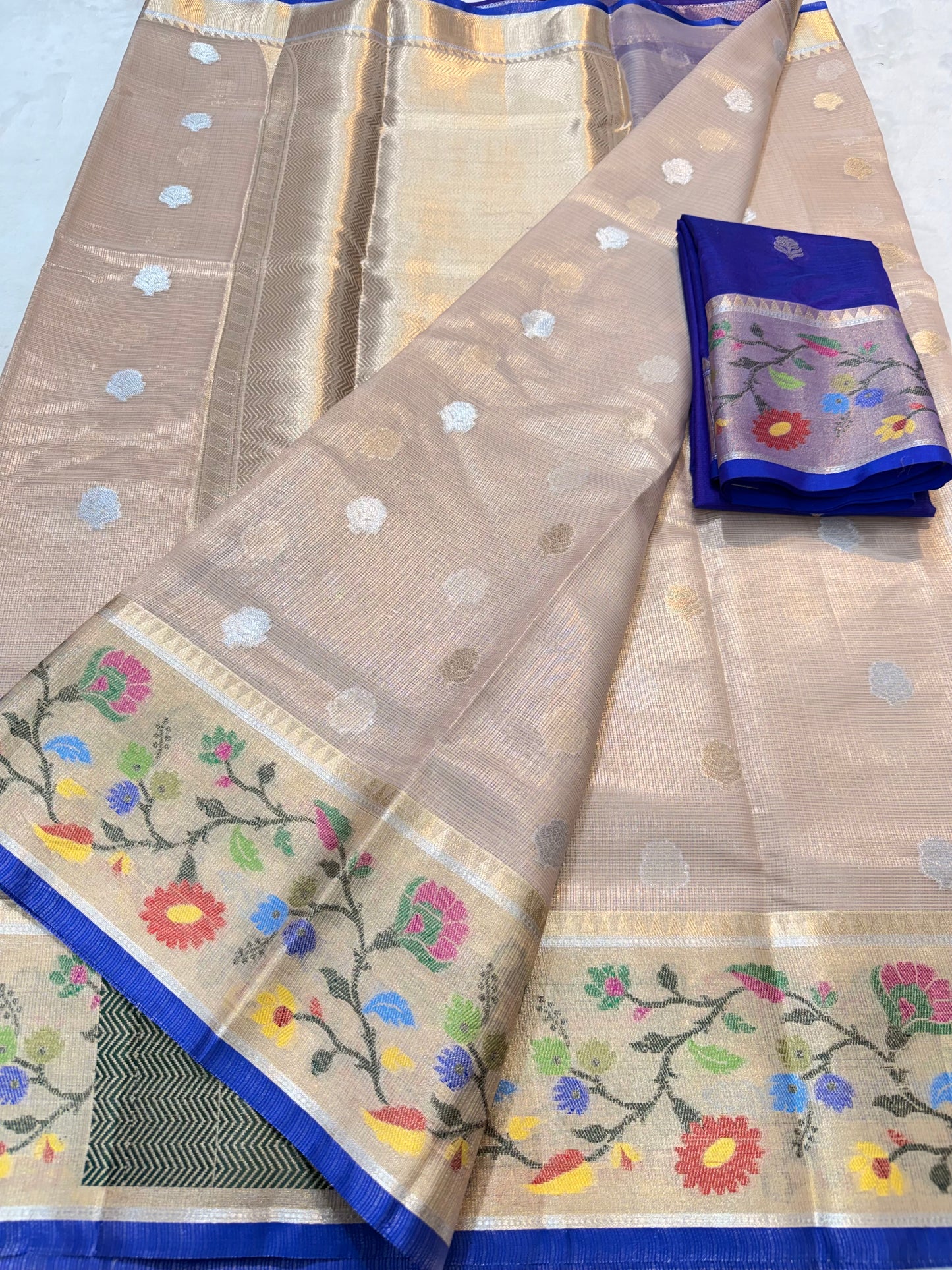 Beige & multicolour shade tissue kota premium paithani border designer banarasi saree