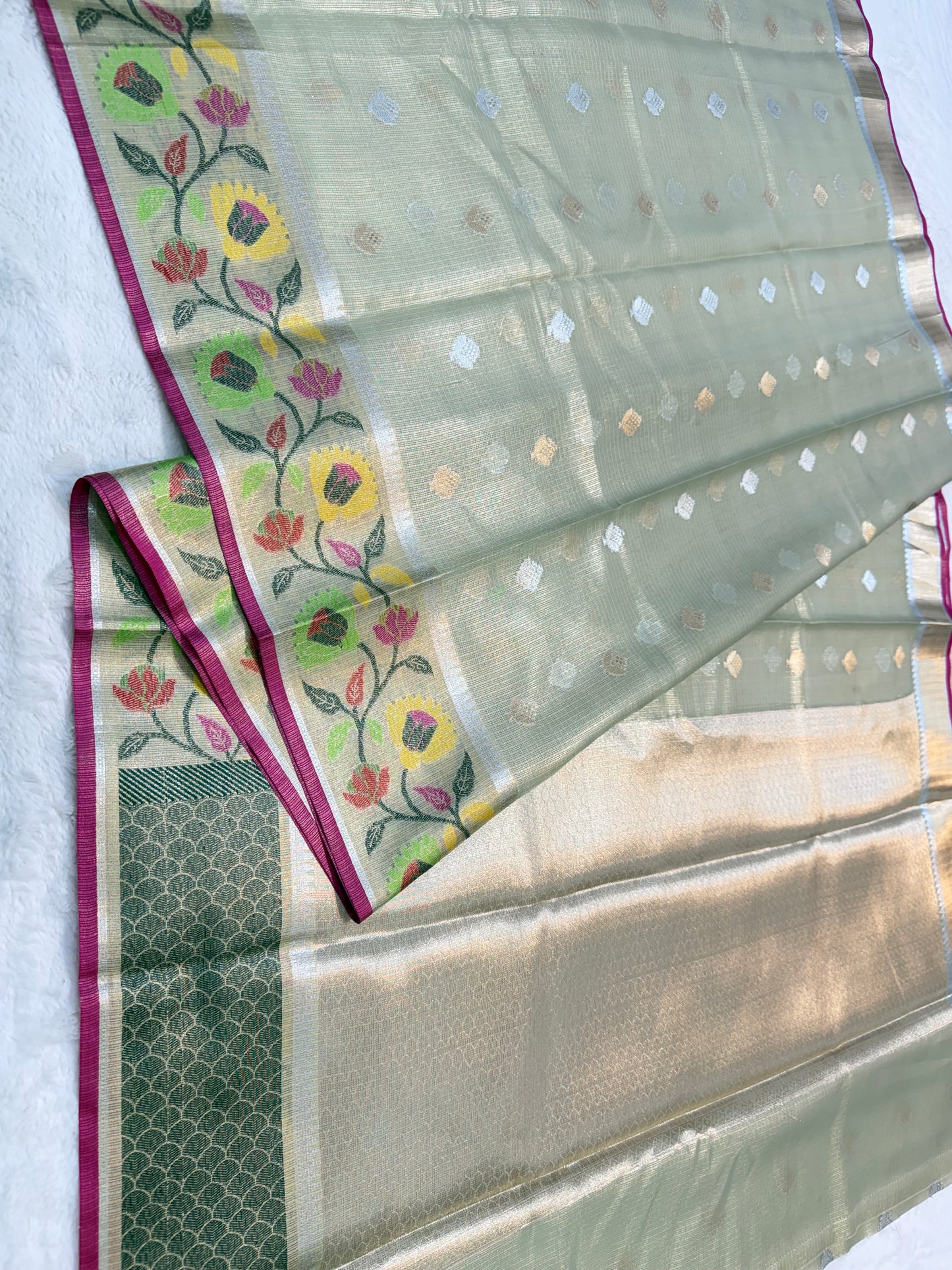 Pista green & multicolour shade tissue kota premium paithani border designer banarasi saree