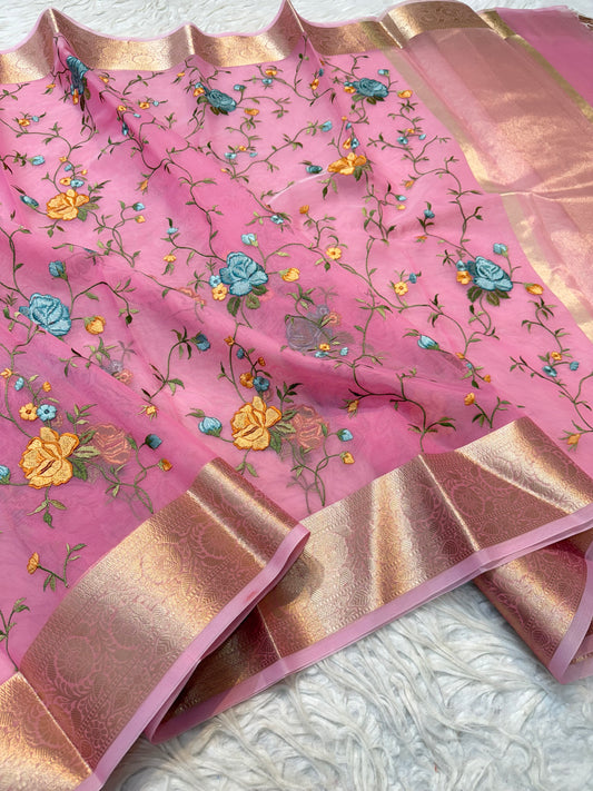 Pink shade organza embroidery Banarasi saree