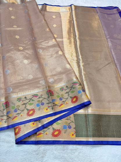 Peach & multicolour shade tissue kota premium paithani border designer banarasi saree