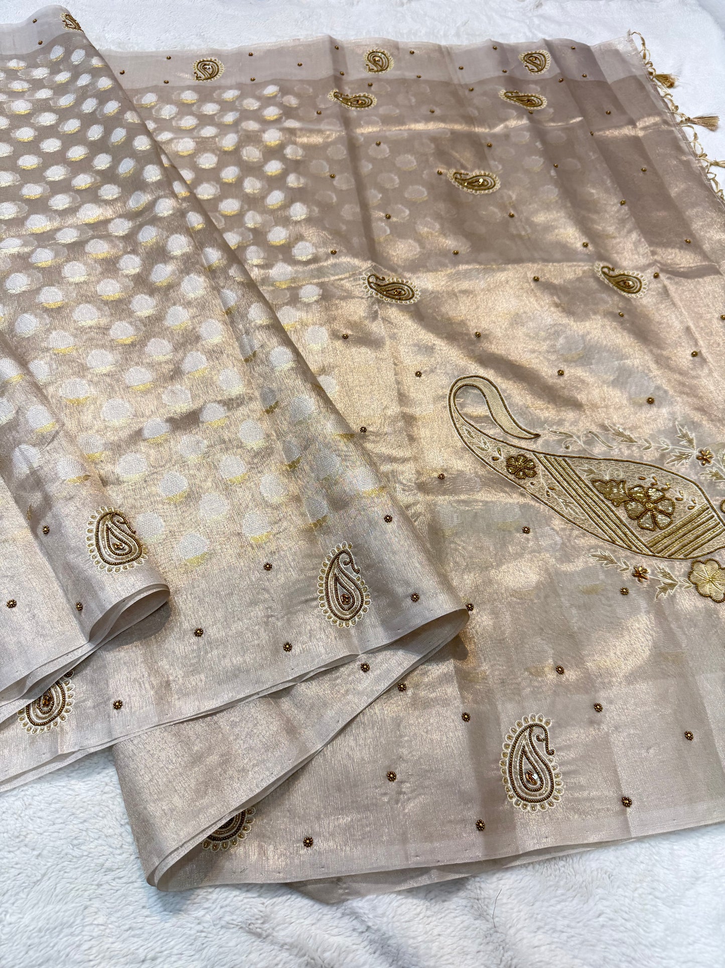 Beige shade tissue designer hand work Banarasi saree