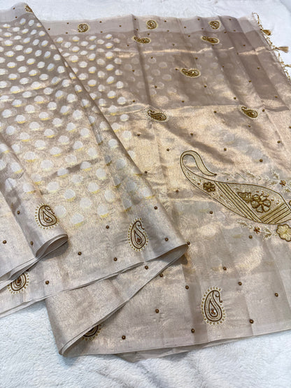 Beige shade tissue designer hand work Banarasi saree