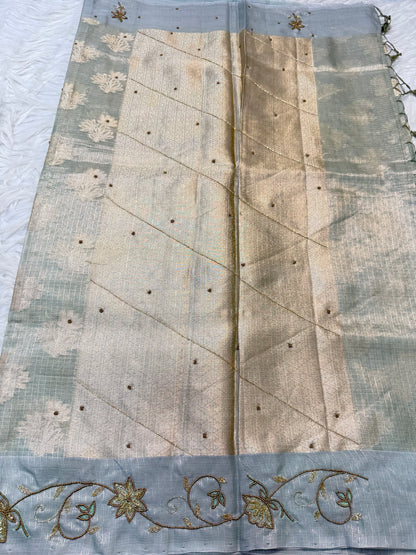 Sea green shade tissue kota designer handwork premium Banarasi saree