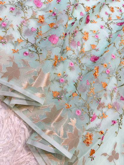 Turquoise shade kora organza embroidery banarasi saree