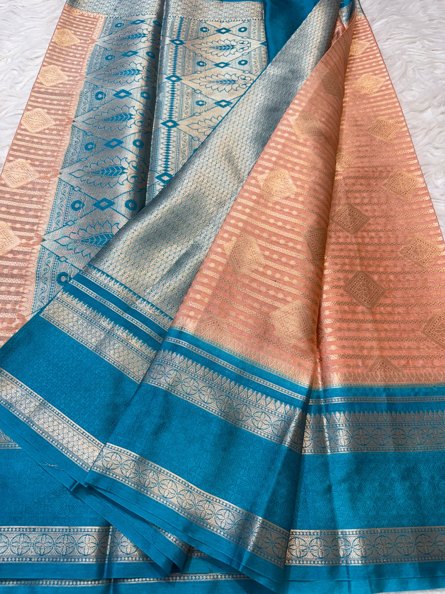 Peach firozi warm silk premium Banarasi saree