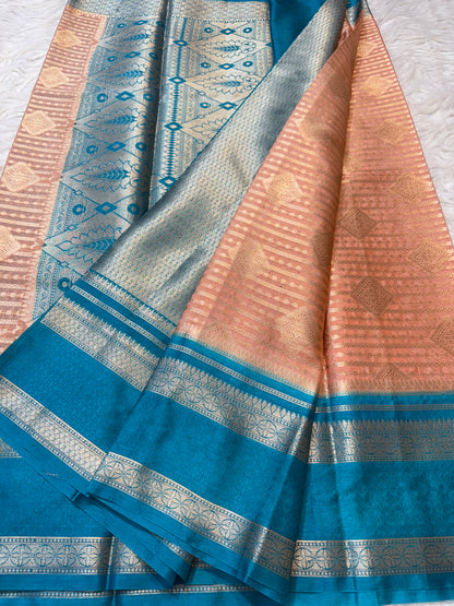 Peach firozi warm silk premium Banarasi saree