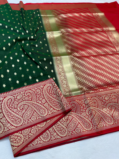 Bottle green red shade katan Banarasi silk Saree