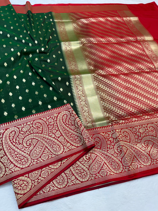 Bottle green red shade katan Banarasi silk Saree