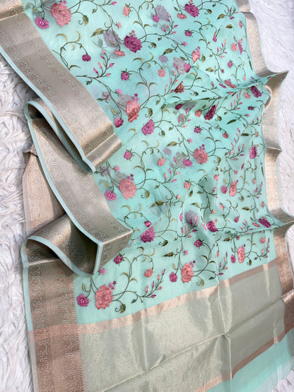 Turquoise shade organza embroidery Banarasi saree