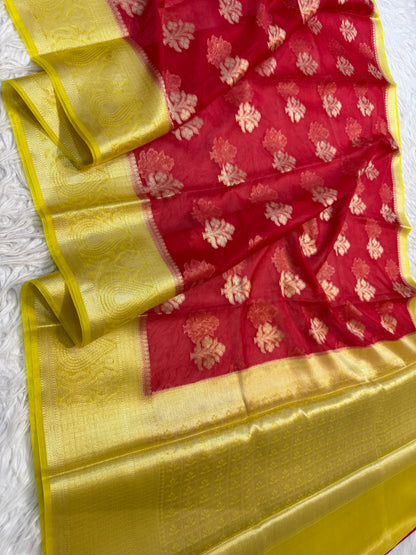 Red yellow warm silk premium Banarasi saree