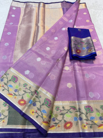 Purple & multicolour shade tissue kota premium paithani border designer banarasi saree