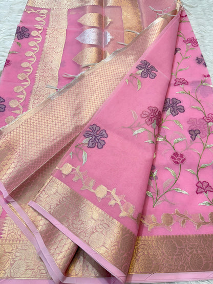 Pink shade  kora organza  embroidery Banarasi saree