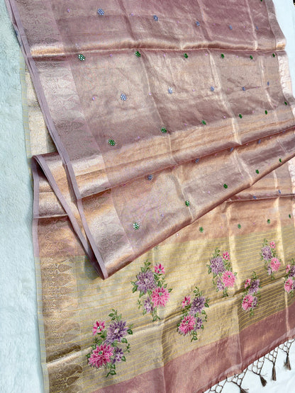 Rose gold kota tissue kota designer embroidery handwork premium Banarasi saree