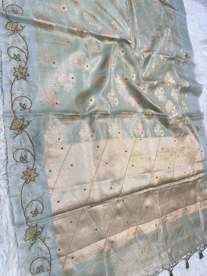 Sea green shade tissue kota designer handwork premium Banarasi saree