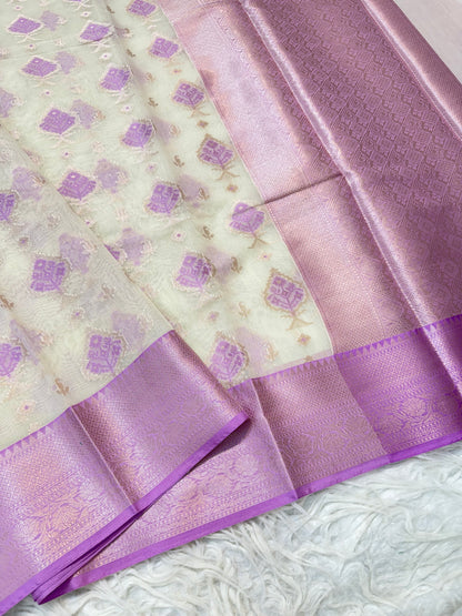 Off white & purple shade cotton premium Banarasi saree