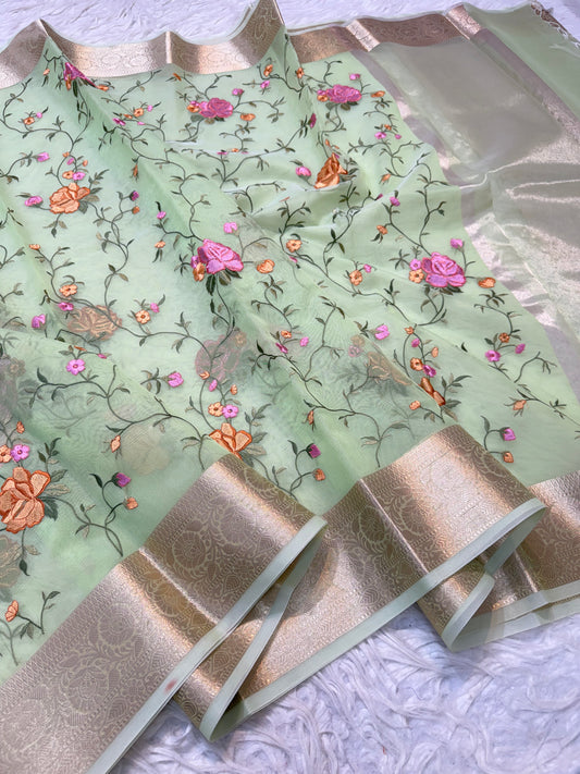 Pista green shade organza embroidery Banarasi saree
