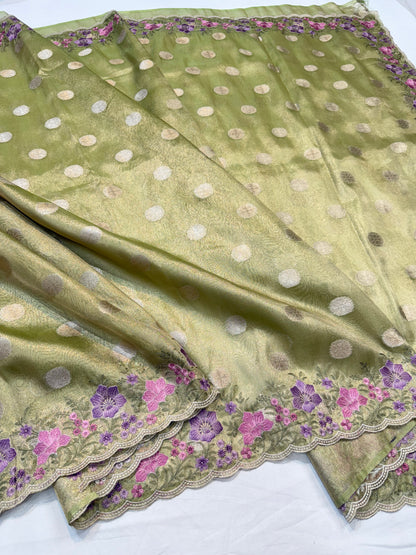 Pista green tissue cutwork embroidery premium designer Banarasi saree