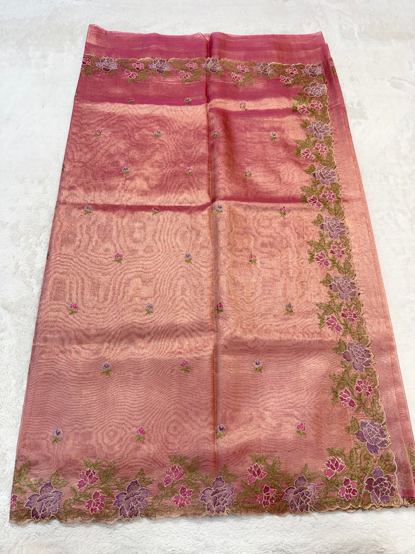 Pink shade tissue cutwork embroidery premium designer Banarasi saree