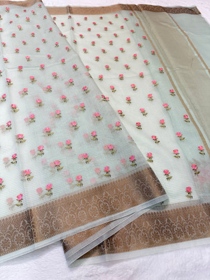 Sea green shade cotton kota embroidery Banarasi saree