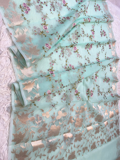 Turquoise shade kora organza embroidery Banarasi saree