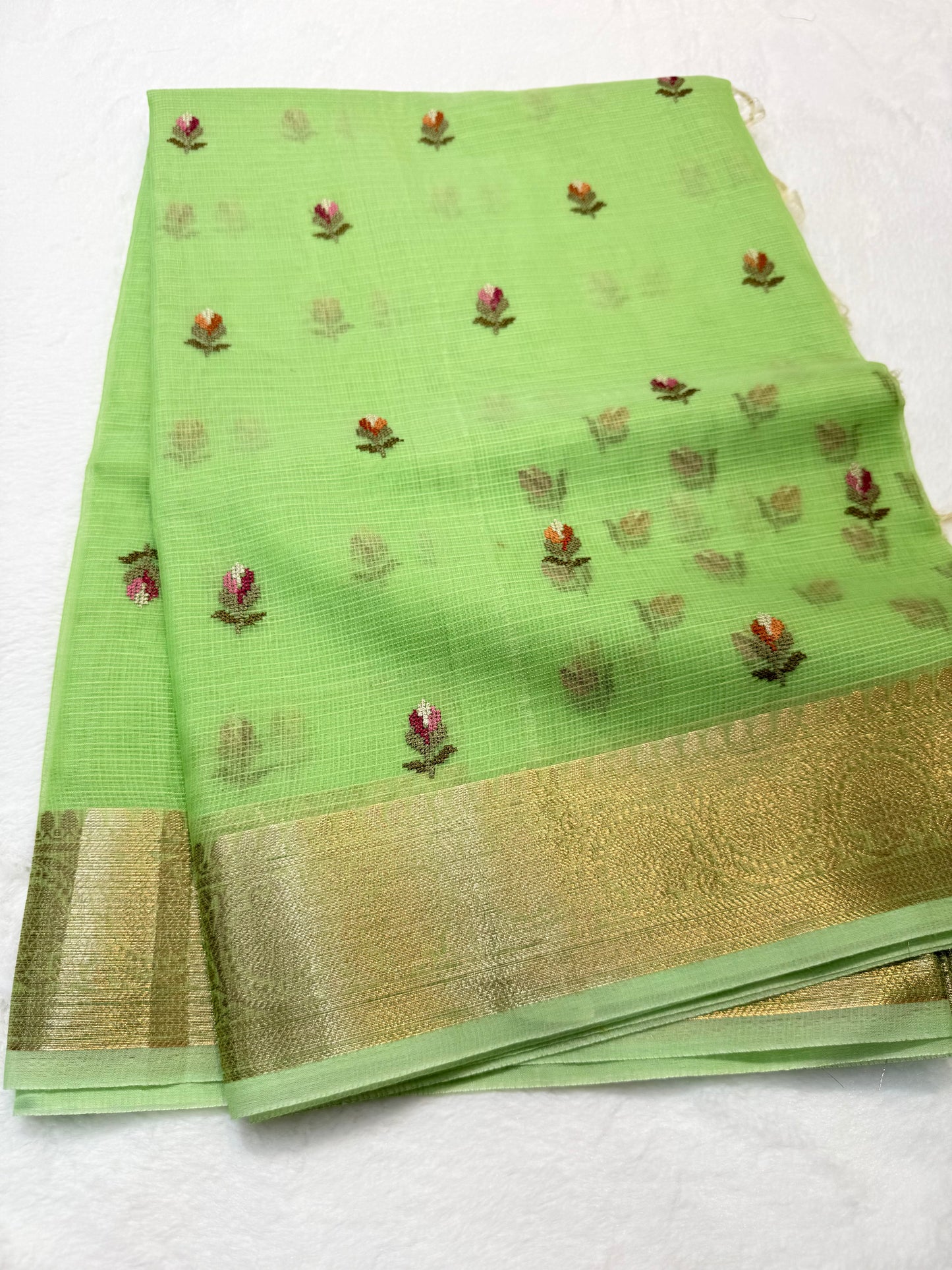 Pista green shade cotton kota embroidery Banarasi saree