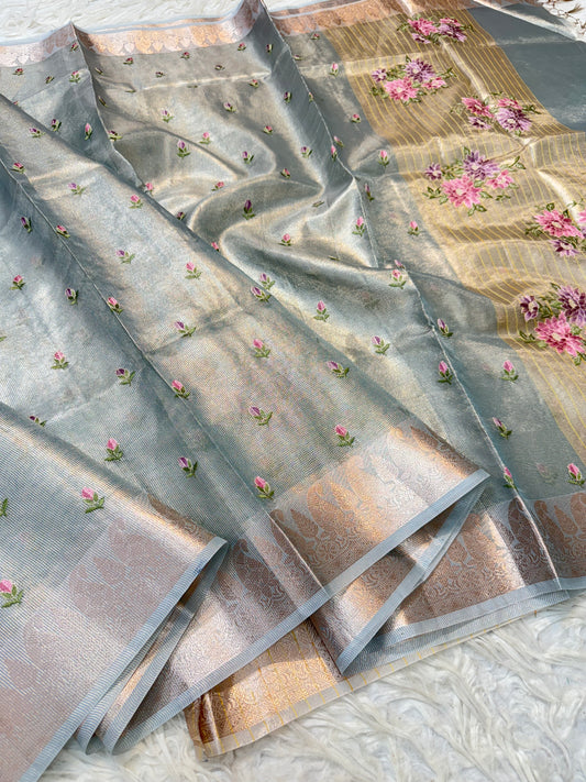Sea green shade tissue kota embroidery primum Banarasi saree